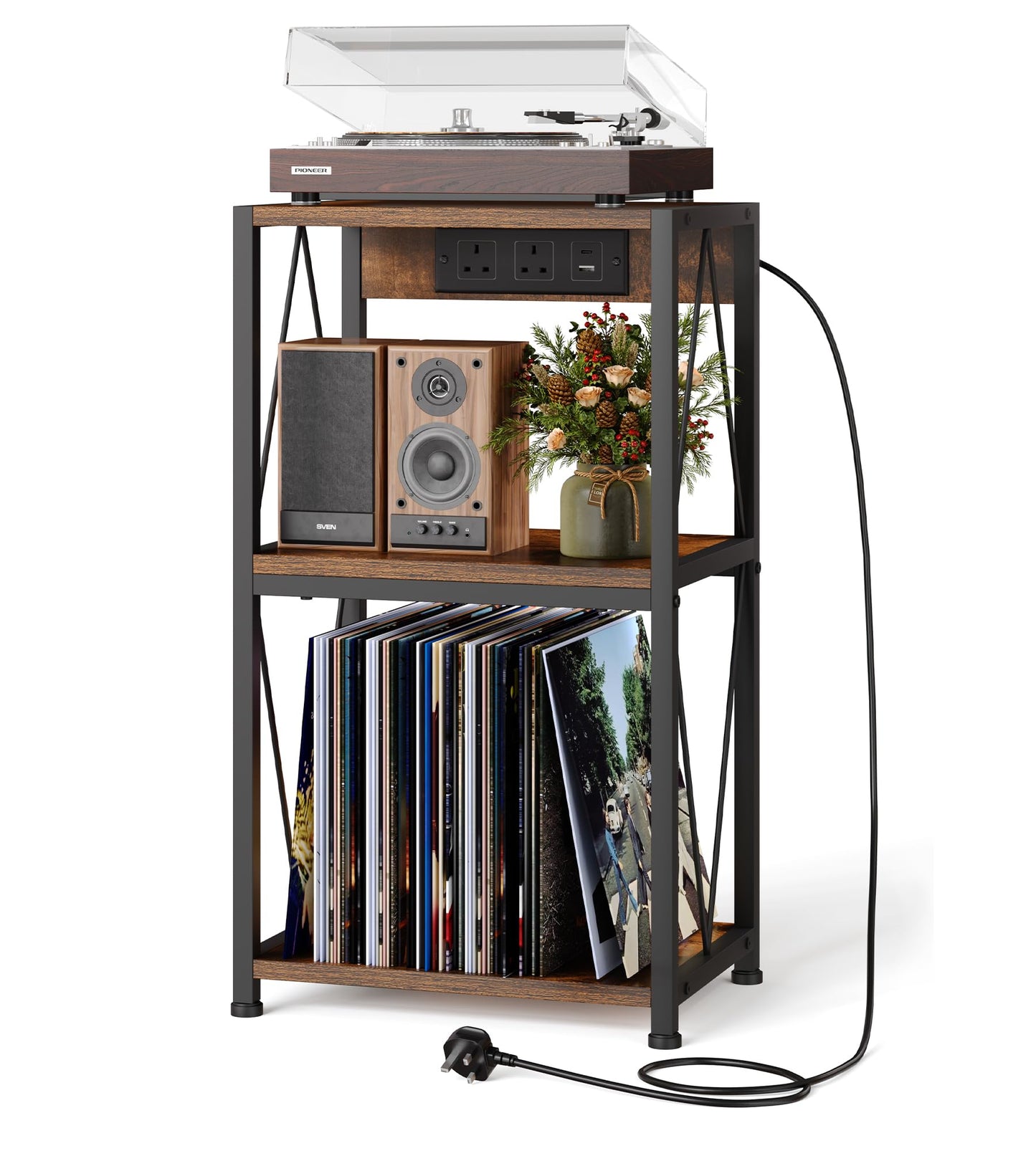 HFHOME Record Player Stand with Charging Station, 3 Tier End Table with Vinyl Record Storage, Record Player Table with Storage