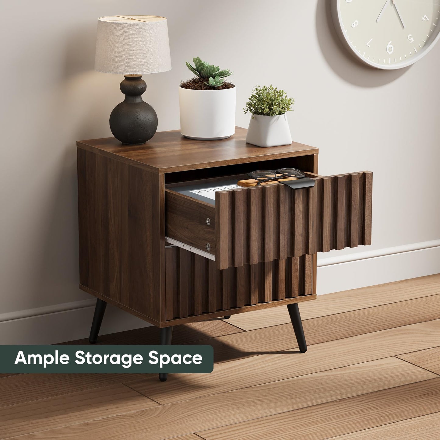 Nightstands, Walnut Fluted Night Stand, Mid Century Modern Nightstand, Bedside Table with Seamless Slatted Drawer, End Tables Bedroom with Metal Legs
