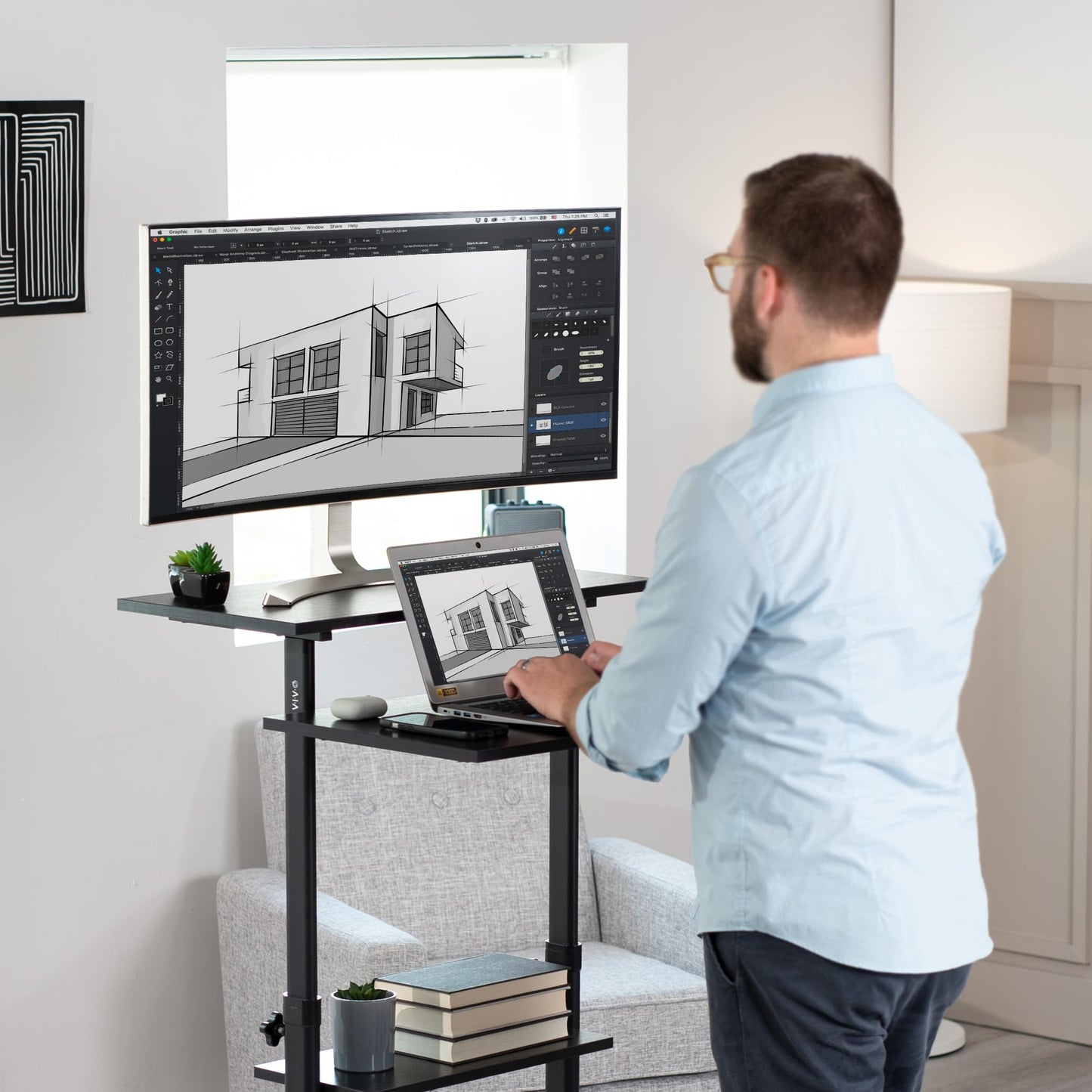 VIVO Mobile Height Adjustable Table Stand Up Desk with Storage, Computer Workstation Rolling Presentation Cart, Black, CART-V02DB