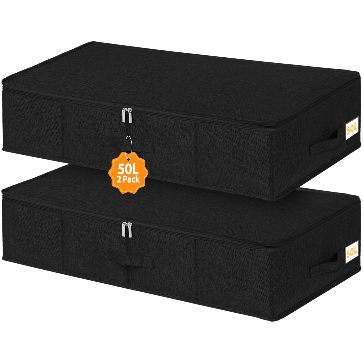50L 17cm Tall Under Bed Storage Boxes with Zipped Lids, 2 Pack, Black