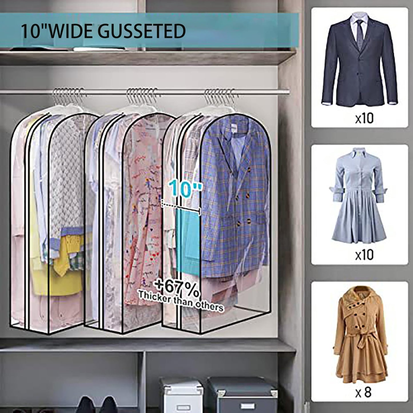 XIANTIAN 4 Pack Full Clear Garment Bags, 40" Clothes Covers with 10" Gusseted, Clear Dress Bags Covers Long, Moth Proof Clothes Covers Protector Bags