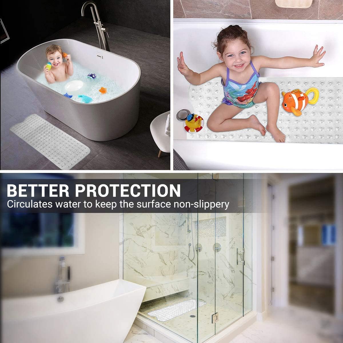 ADOV Bath Mat Non Slip, 70x38 cm Extra Long Shower Mat Anti Mould, Bathroom Bathtub Mats for Tub, Strong Suction Cups and Drain Holes