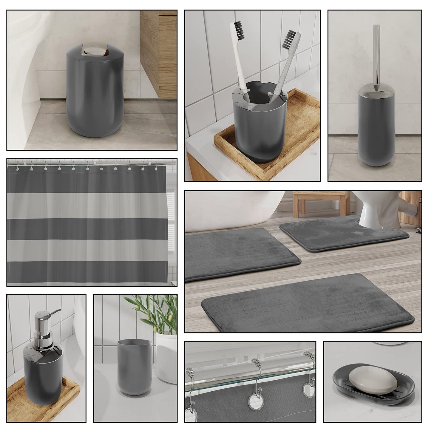 Clara Clark Gray Bathroom Accessories Set Complete with Bathroom Rugs Set and Shower Curtain Set, 12 Piece Bathroom Sets with Rugs and Accessories
