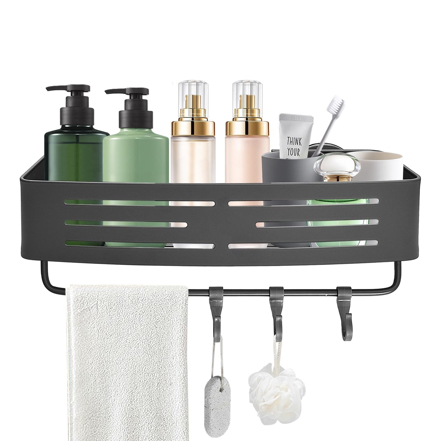 Rieoany Shower Organiser, Hanging Caddy, Wall Mounted Shelf No Drilling, Space Aluminium Bathroom Shelves with Hooks