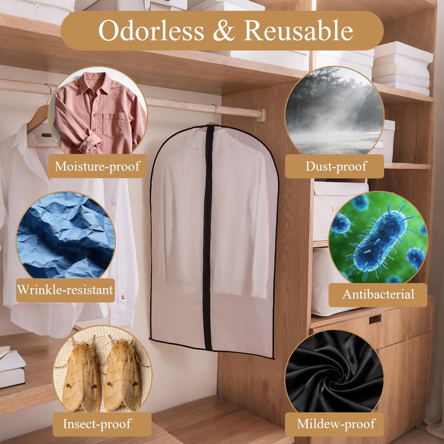 6 Pack Translucent Waterproof Garment Bags, Dust‑Moth Proof 60×100cm