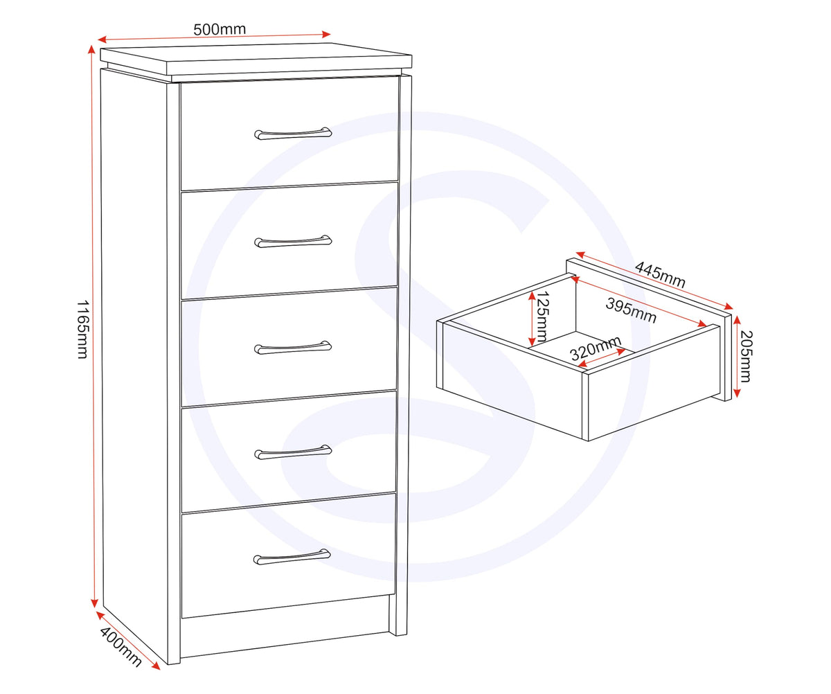 Seconique Charles 5 Drawer Narrow Chest in Oak Effect Veneer