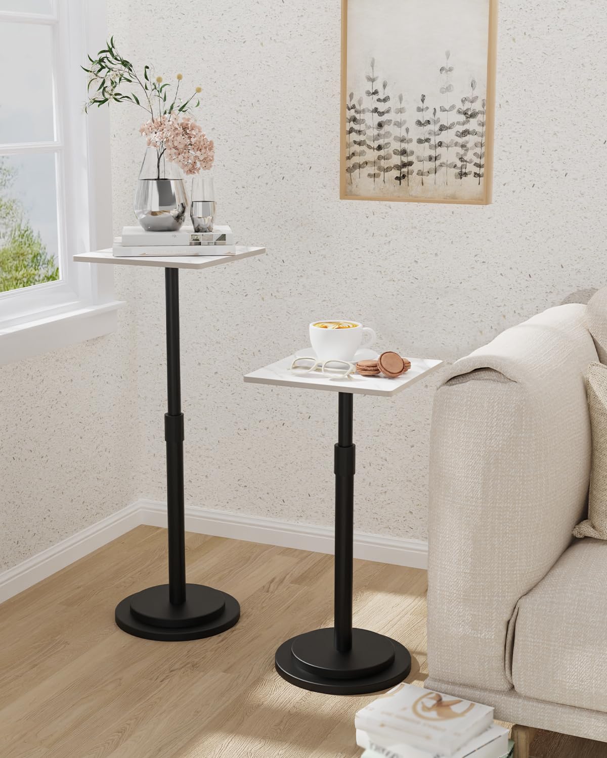 GUOHNHE Square Side Table, Height Adjustable Drink Stand, 2 Pack, White