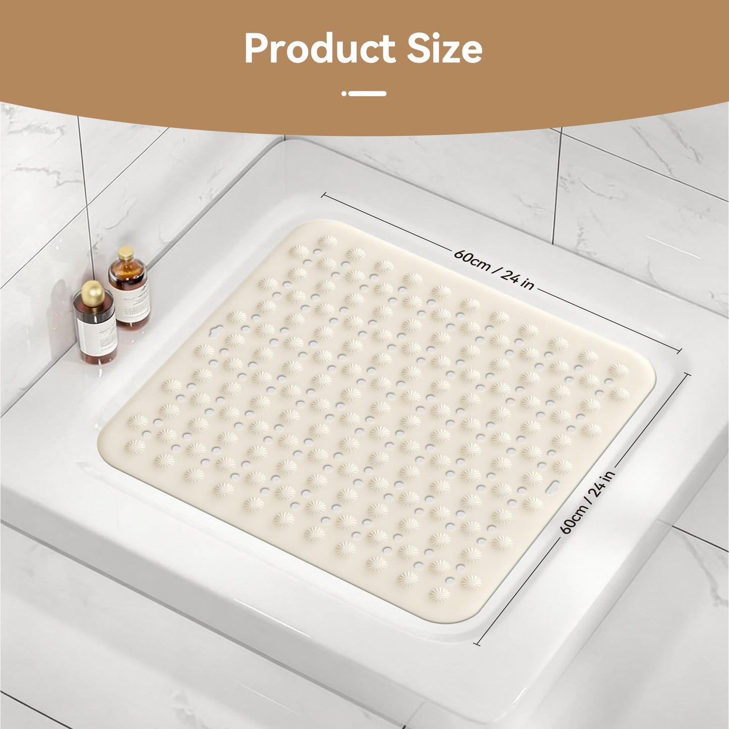 Volminex Non-Slip Bath Mat, Shower Mats, Bathtub Mat, Off-white, 60×60cm