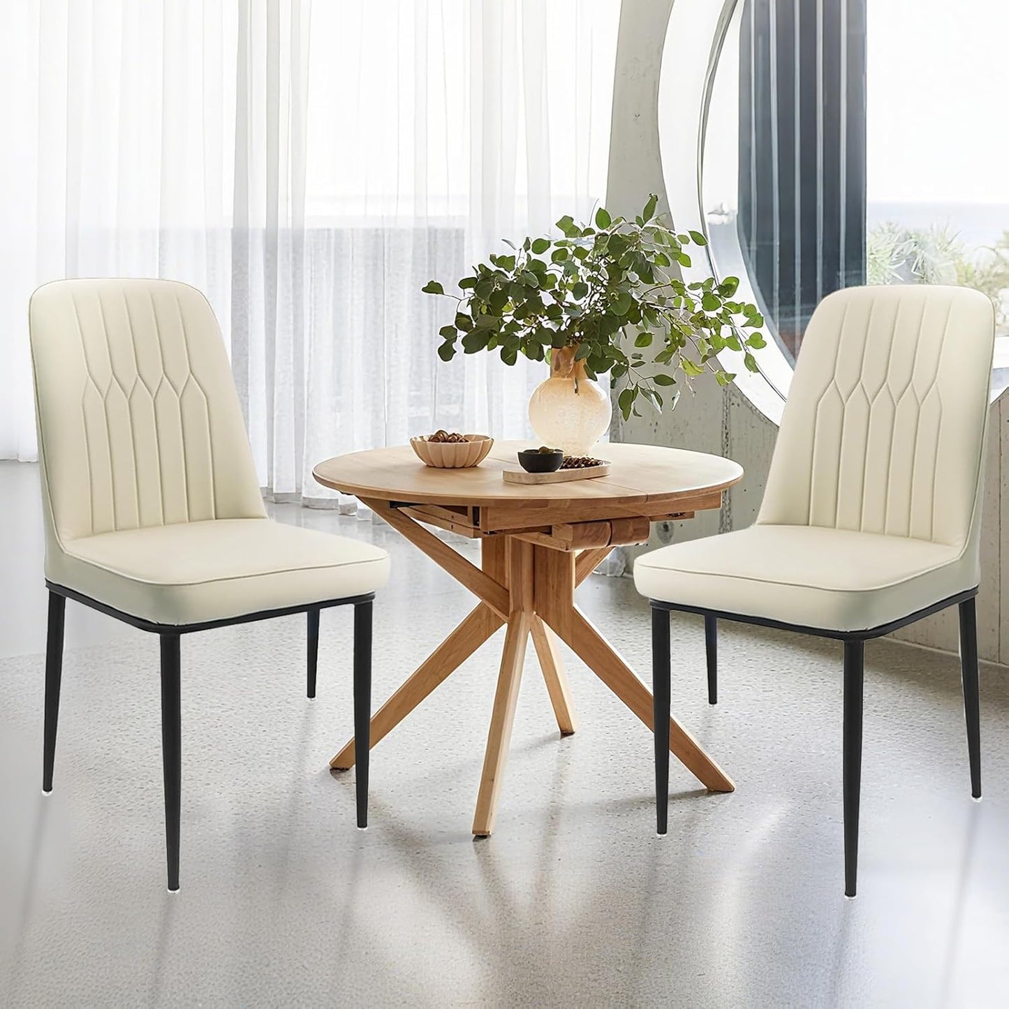 Durrafy Dining Chairs Set of 2 - Off-White Upholstered High Back Kitchen chair with Non-Slip Metal Legs