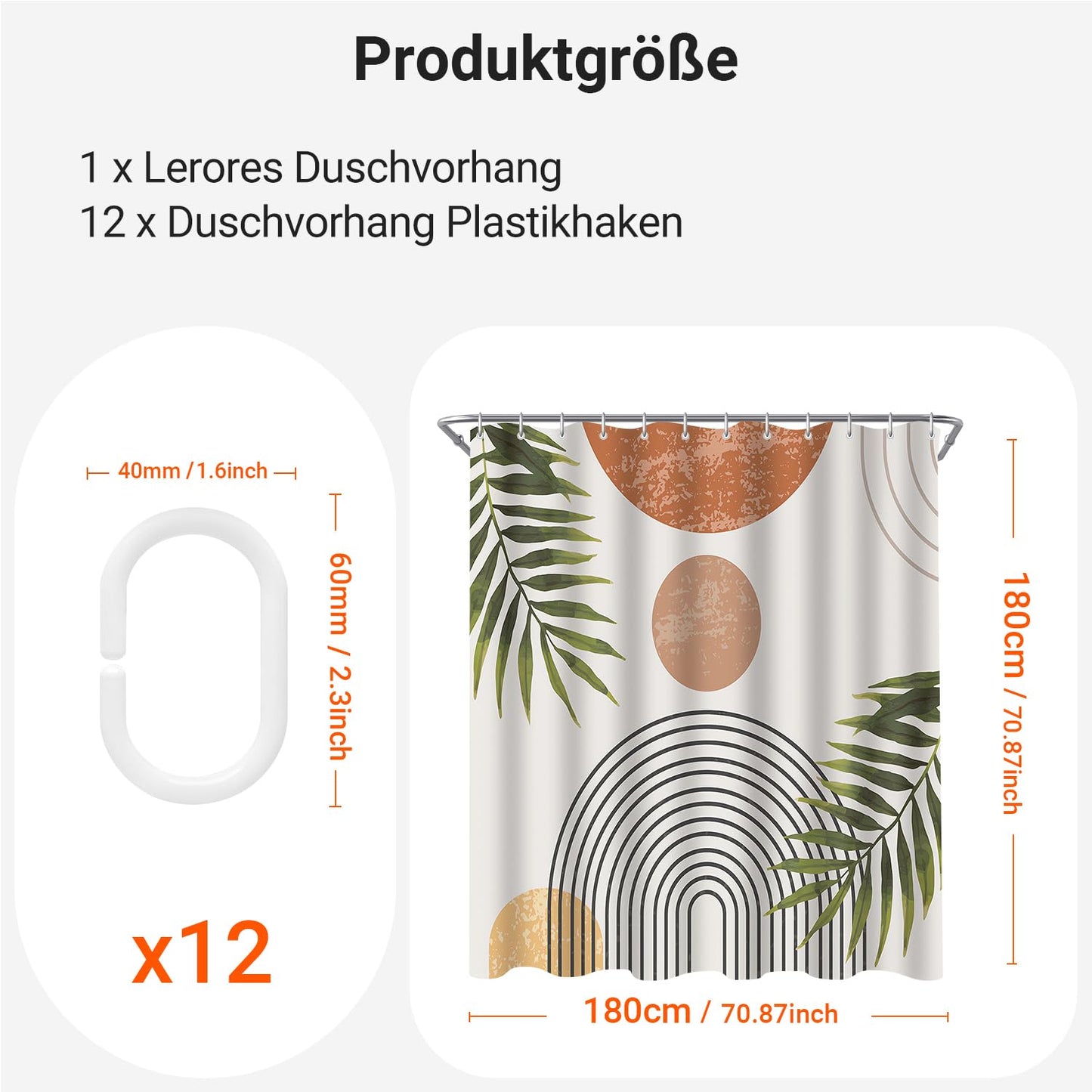 Lerores Shower Curtain 180 x 180 cm Leaves Line, Weighted Hem, Anti-Mould Textile, Water-Repellent
