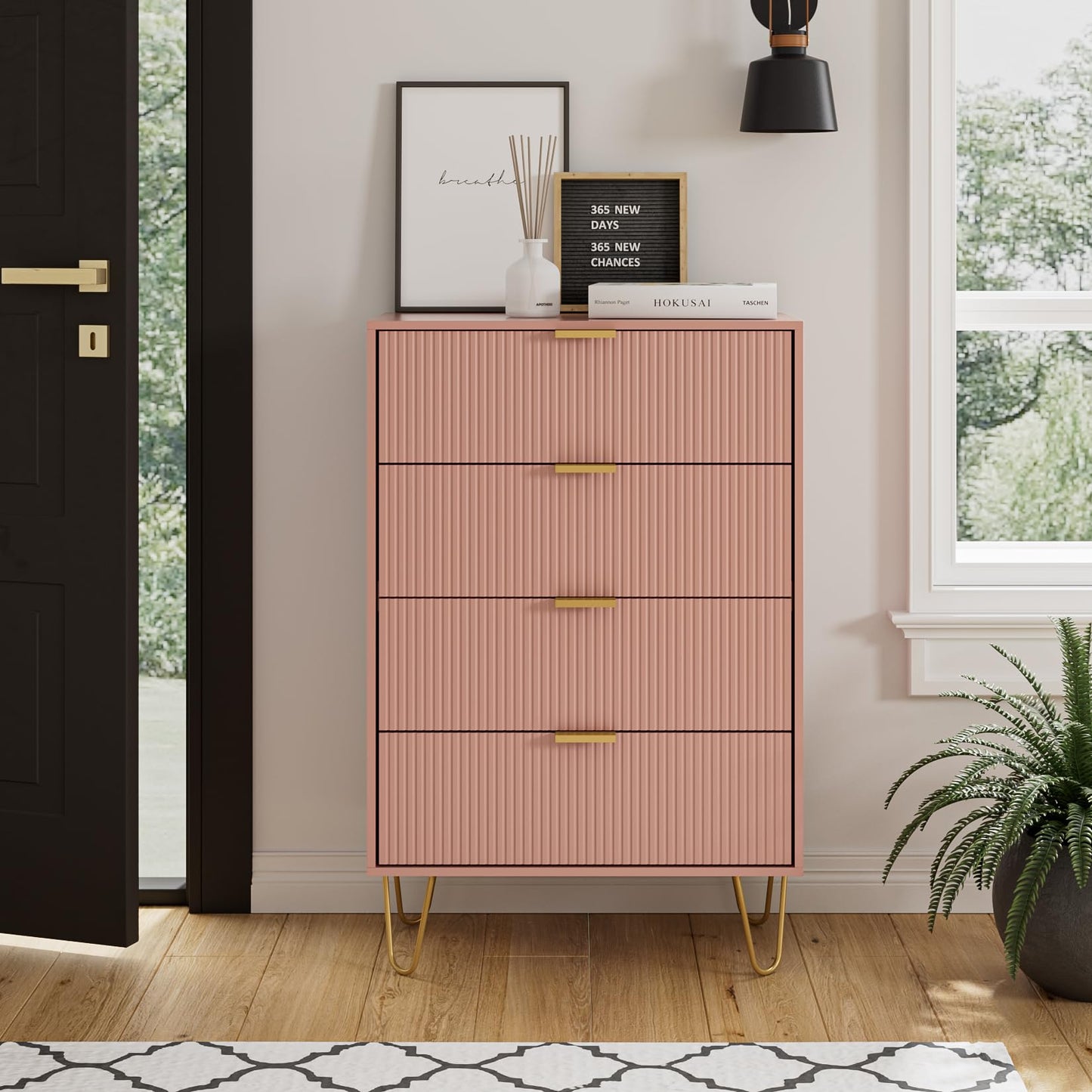 HEYZOEY Pink Chest of 4 Drawers for Bedroom, 60x34x91cm, Wood Storage Dresser Bedroom Furniture Cabinet for Living Room,Office,Lounge,Pink
