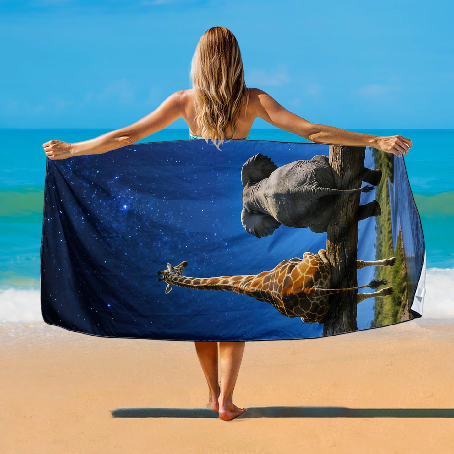 Violetpos Starry Giraffe & Elephant Beach Towel, Extra Large 180x90 cm 250GSM Microfibre, Sand Free Quick Dry