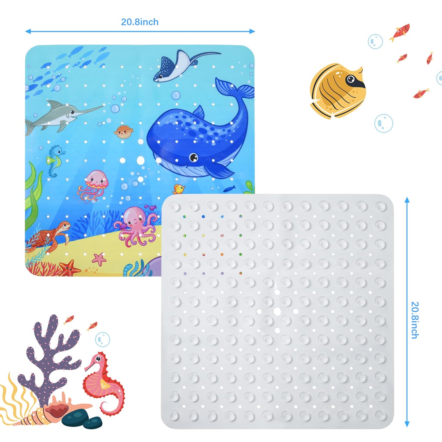 OTraki Baby Bath Mats Non Slip, 53x53cm Cartoon Shower Mat Marine Animal World Bathtub Mat with Suction Cups Drain Holes Machine Washable Kids Bath