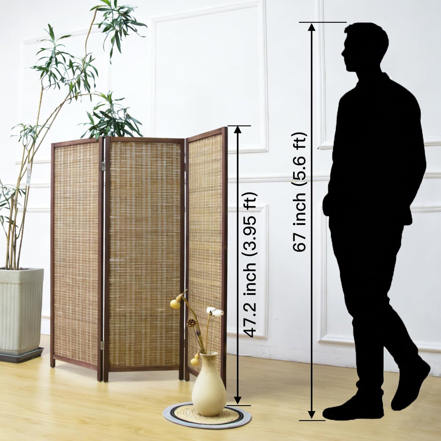 Furnnylane 3 Panel Bamboo Room Divider Short Folding Screen Divider,Double Sided Bamboo Divider Screen for Room Separation,Brown,120 cm H x 117 cm W