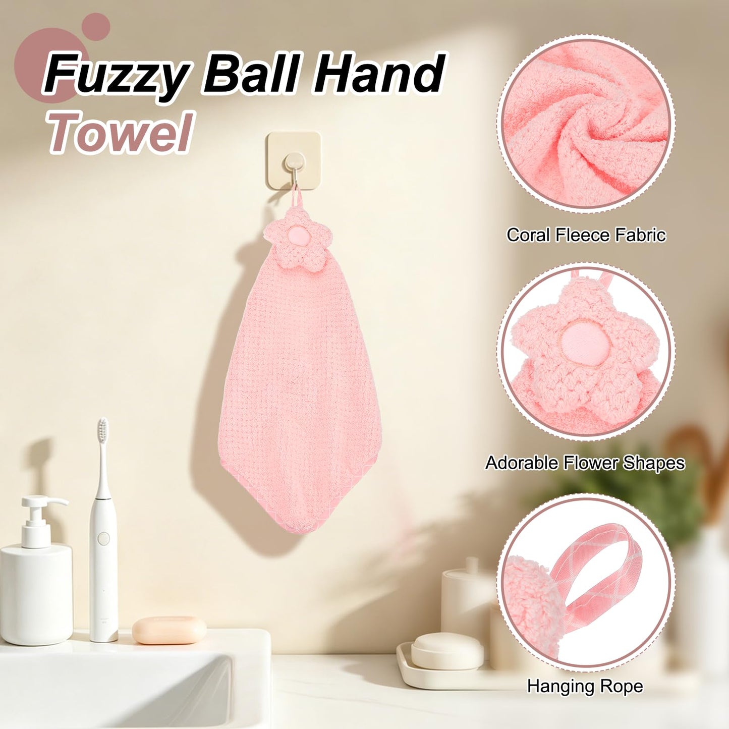 sourcing map Hand Towel, Soft Coral Fleece Hand Towels with Hanging Loop Decorative Flower Pattern Quick-Drying and Washable for Home Bathroom