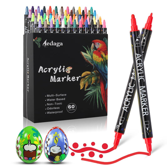 AEDAGA 60 Colours Acrylic Paint Markers, Dual Tip Acrylic Paint Pens with Fine and Dot Tip for Glass, Stone, Wood, Canvas, Paper, Pottery, DIY Crafts,