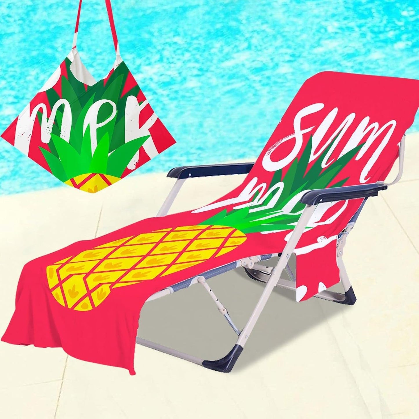 Surwin Sun Lounger Towel with Pockets, 3D Juice Print Quick Dry Beach Towel, Microfiber Sunbed Towels Travel Lounger Bag for Loungers Summer Holiday