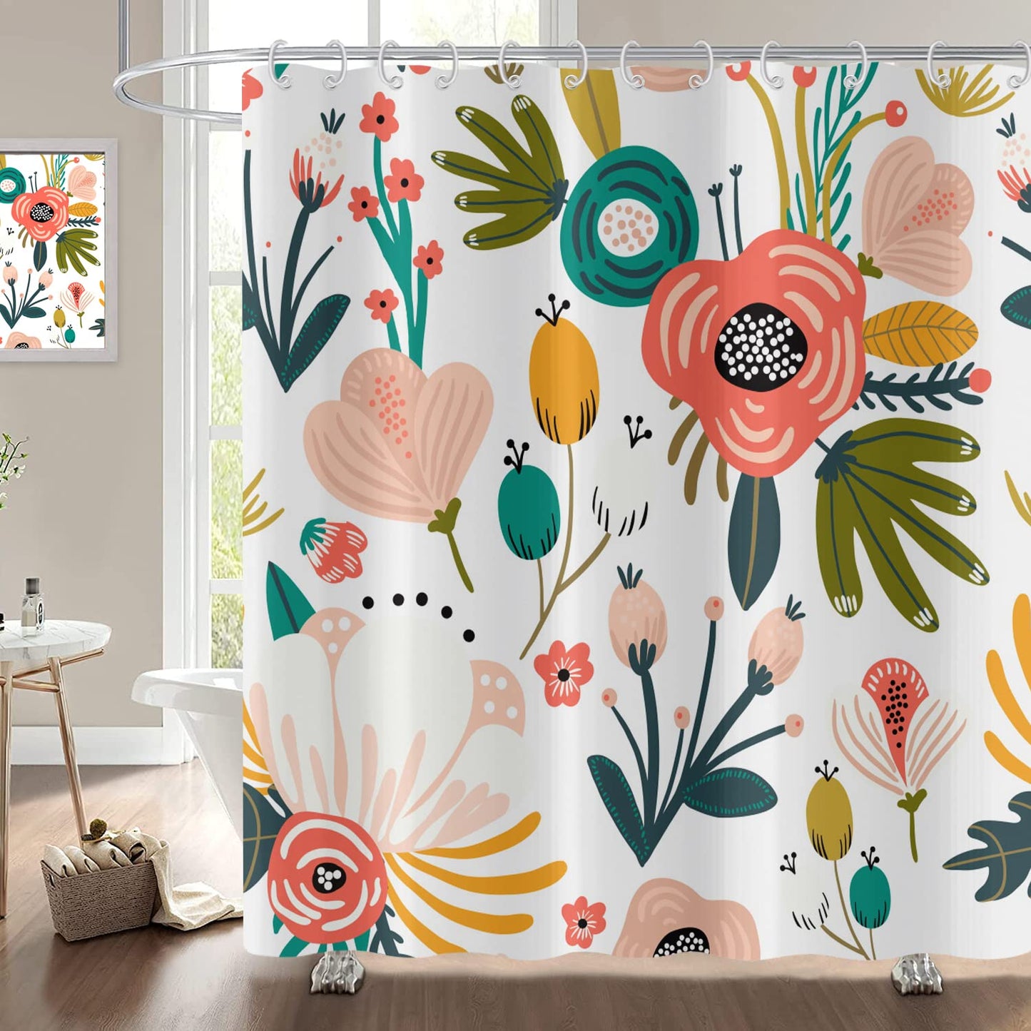 Hnmdmyi Boho Floral Shower Curtain 180x180, Bohemian Flowers Tropical Leaves Colorful Bathroom Curtains Abstract Mid Century Modern Aesthetic Art