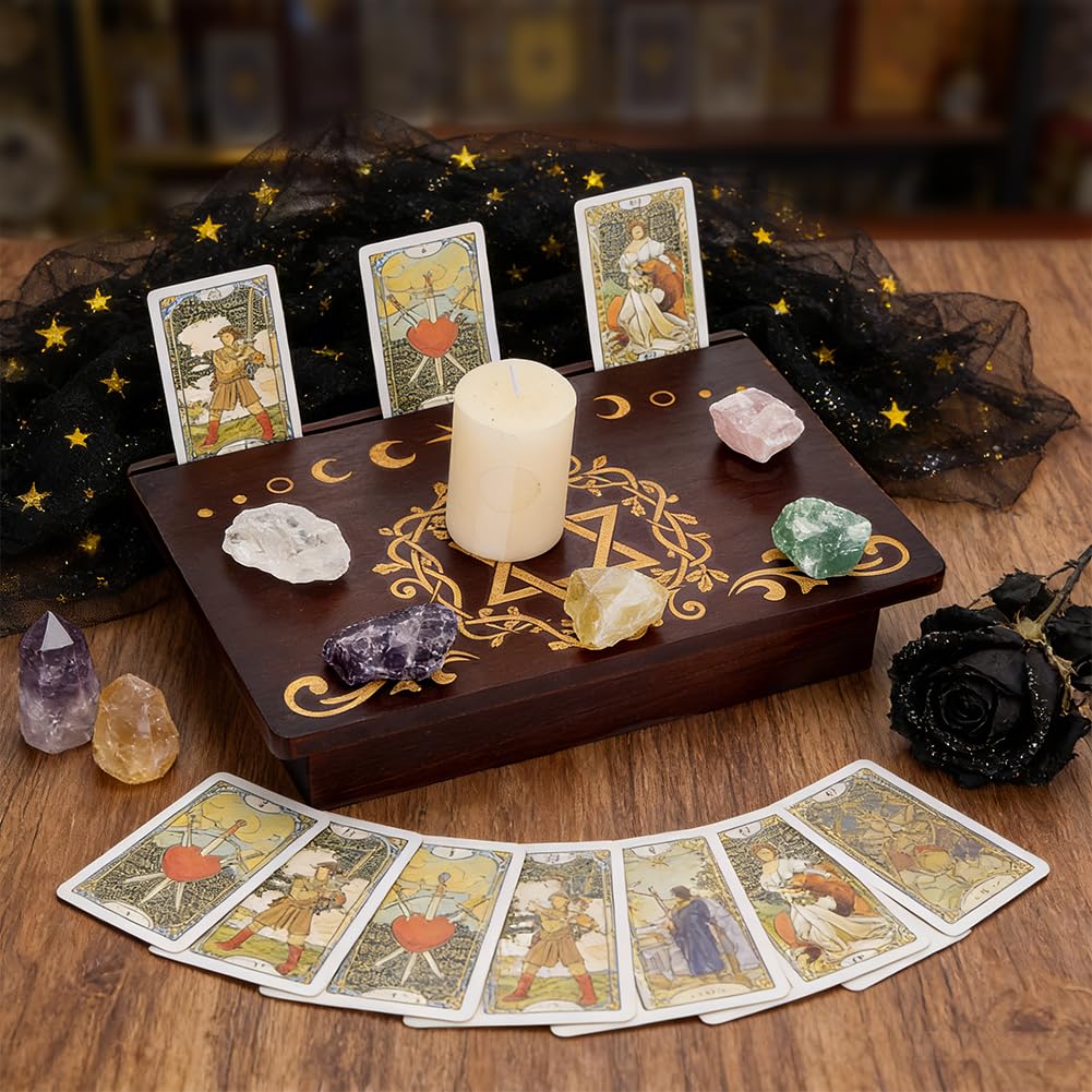 PH PandaHall Altar Table, 1.8x7.9x2.7in Wooden Meditation Storage Box Pentagram Moon Wiccan Tables Meditation Table with Storage Space and Card