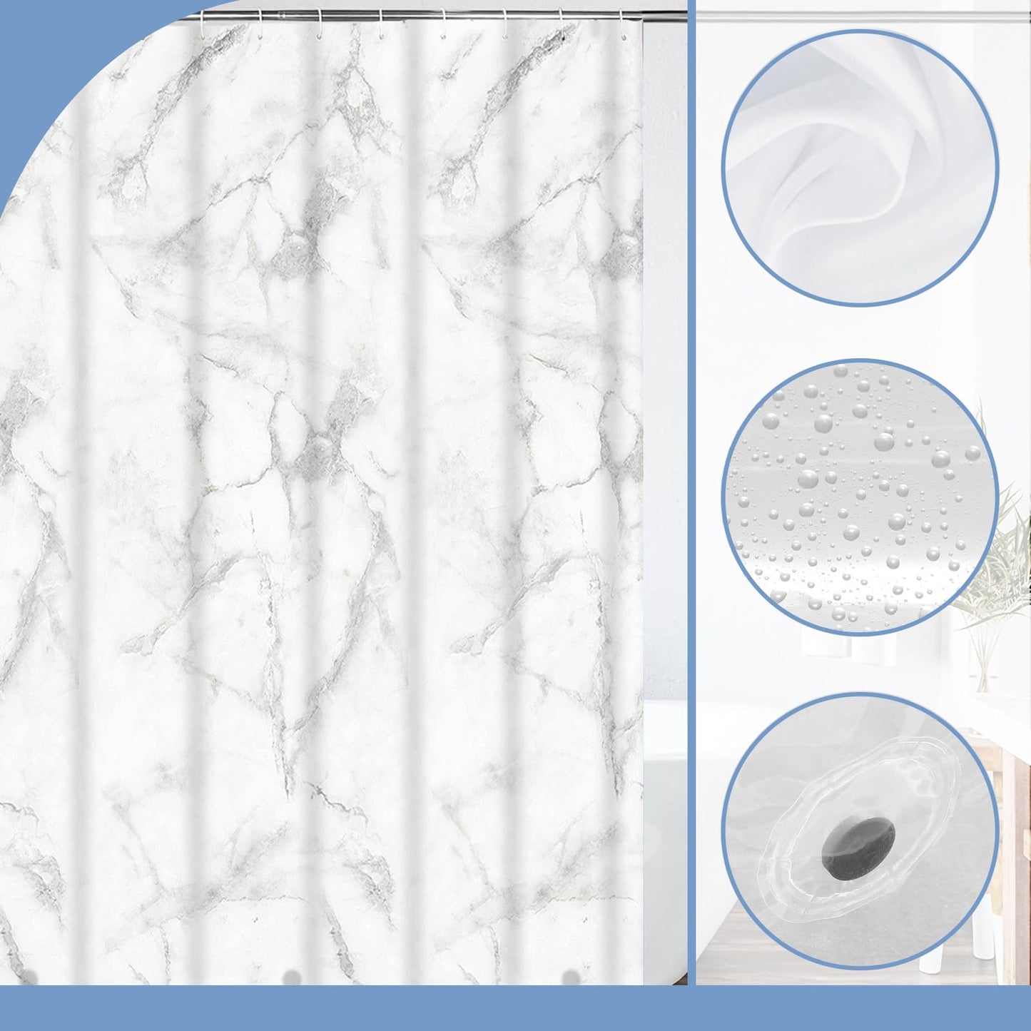 PEVA Shower Curtain 180x180cm,Heavy Duty Plastic Marble Pattern Weighted Shower Curtains Mould Proof Resistant Waterproof Bath Curtains with 12 Hooks