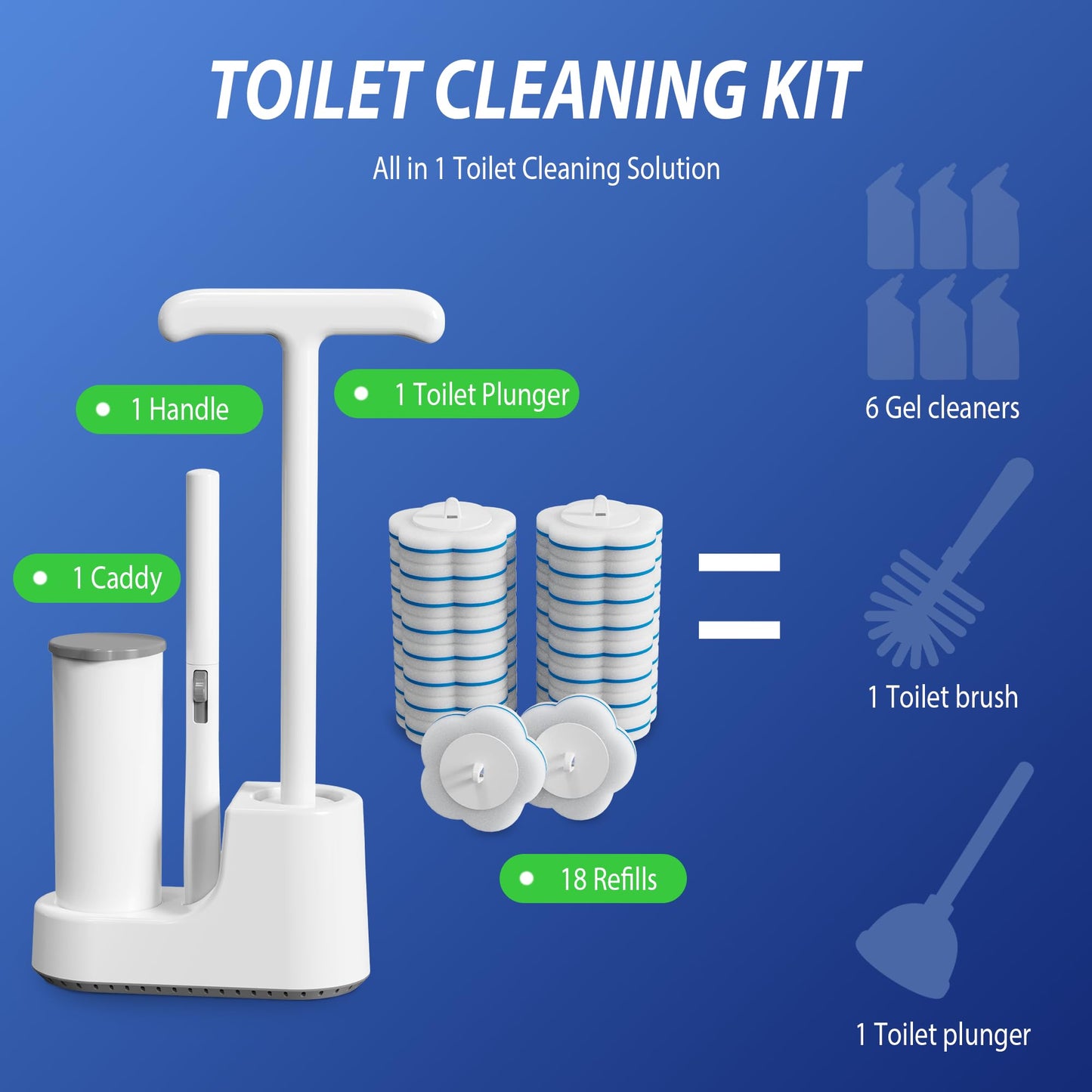 Disposable Toilet Brush and Plunger Set, Dual Handdle Toilet Plunger, All-in-1 Bathroom Cleaning Kit with 18PCS Refills