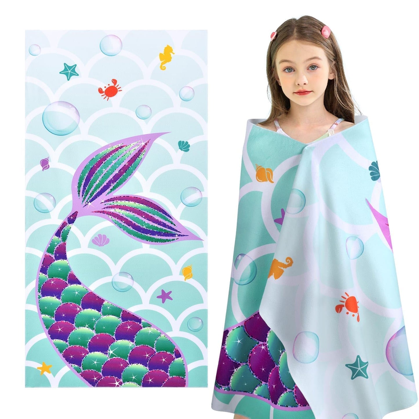 WERNNSAI Mermaid Microfibre Beach Towel for Kids, 76 x 150cm Bath Towel