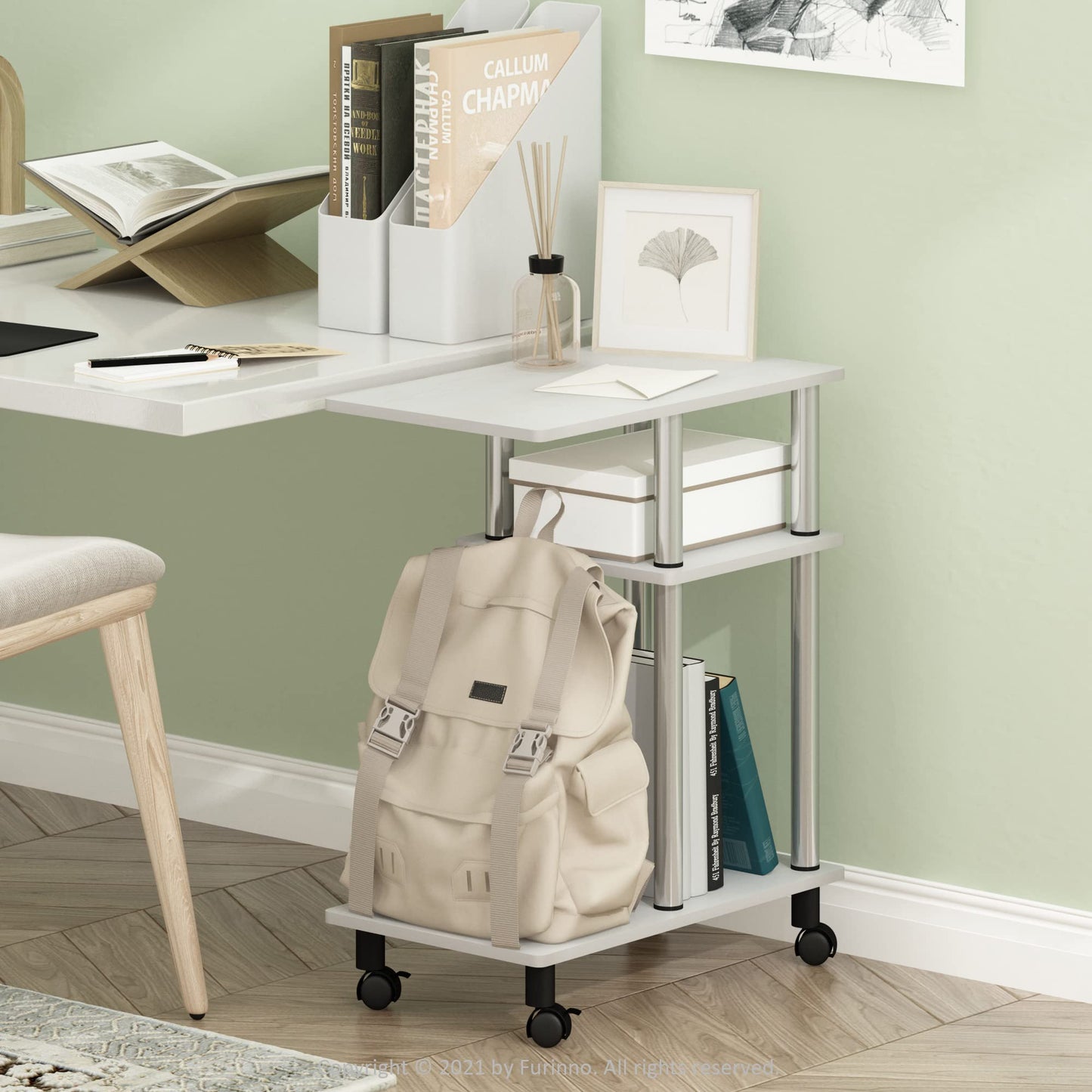 Furinno TURN-N-TUBE Side Table, 3-Tier C-Shape End Table with Wheels, Toolless Assembly Night Stand, Bedside Table with Open Shelf, for Living Room