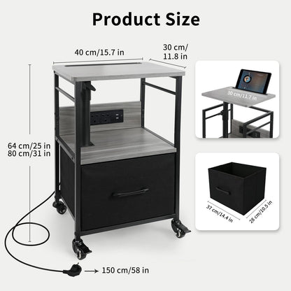 Bedside Table with Charging Station, Narrow Side Table on Wheels with Adjustable Swivel Top, Large Drawer Storage and 360° Rotating Tabletop