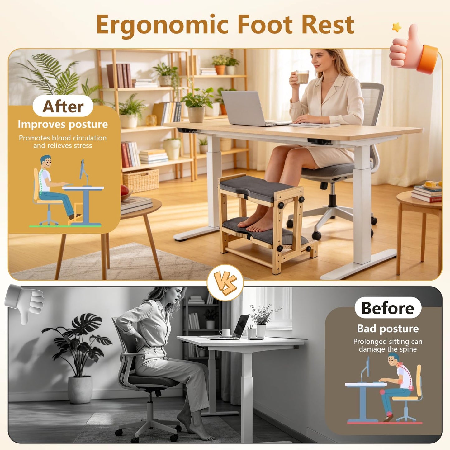 Normodic Adjustable Double Step Footrest, Foot Rest Under Desk at Work, Wooden Foot Stool for Under Desk with 4 Heights & Angles