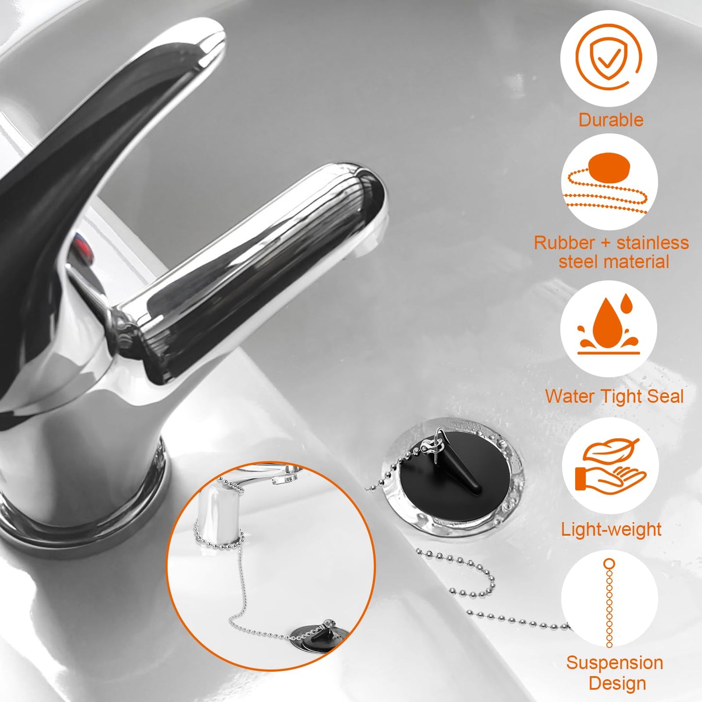 4 Pcs Universal Bath Plug, Kitchen Sink Plug with Stainless Steel Chain, Universal Bath Plug with Stainless Steel Chain and S-Shaped Hook,Drain