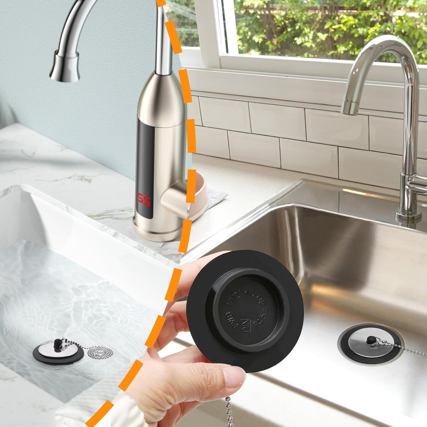 Universal Bath Plug with Stainless Steel Chain, Durable Bath Drain Plug Replacement for Bathtubs, Sinks & Kitchen Basins