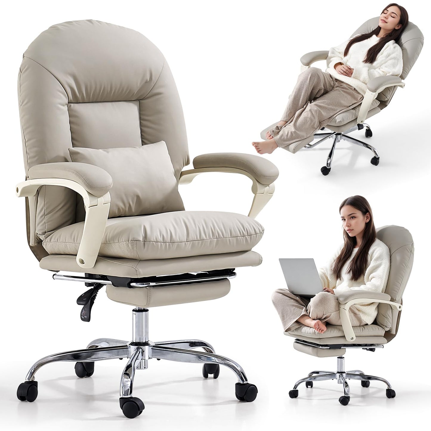 EMIAH Ergonomic Office Chair with Footrest, PU Leather, Beige