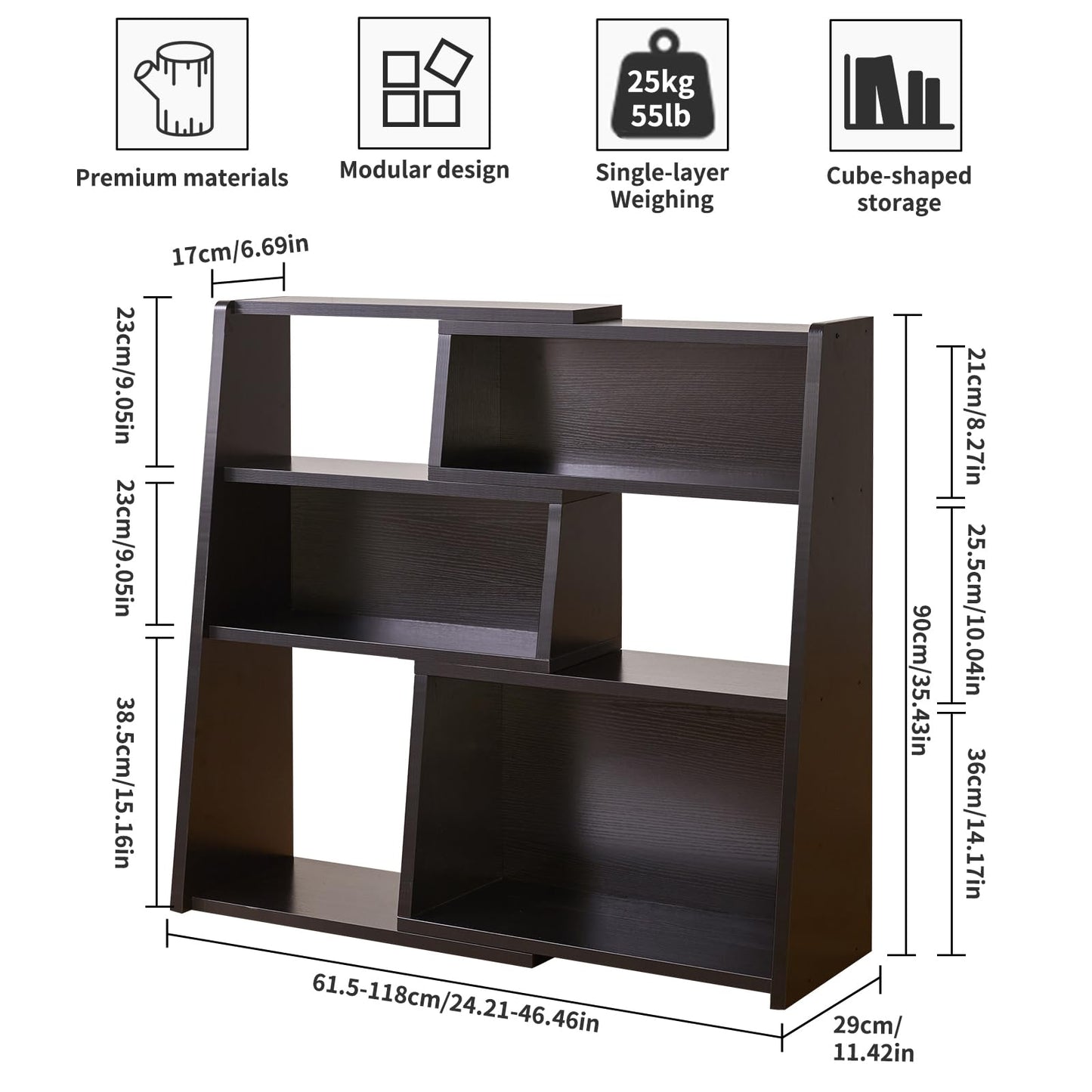 Aibiju Wooden Expandable Bookcase, 3-Tier Storage Shelf with 6 Compartments, Freestanding Storage Shelf, Modern Style,for Small Space or Corner