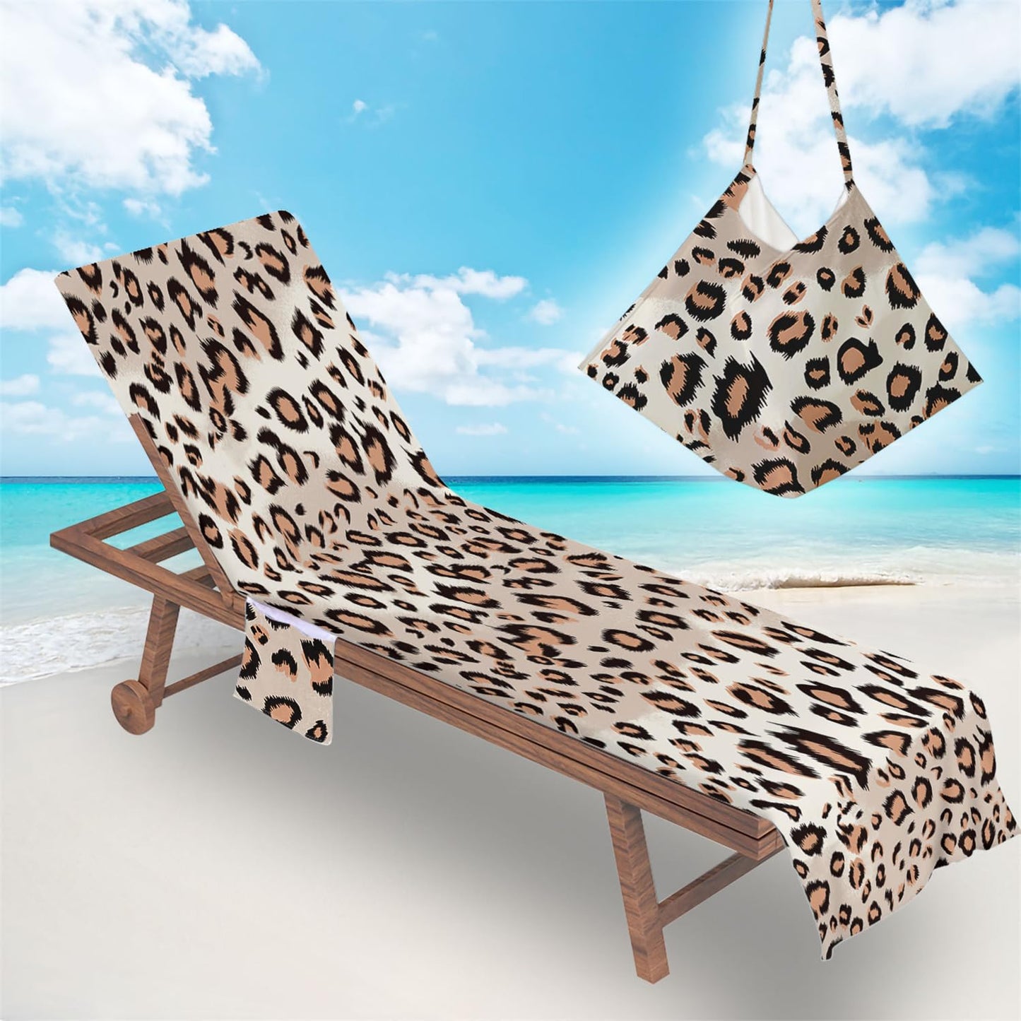 Surwin Sun Lounger Towel with Pockets, Leopard Print Beach Towel Chair Cover Sunbed Towels Lounger Bag for Summer Holiday Outdoor Garden Pool