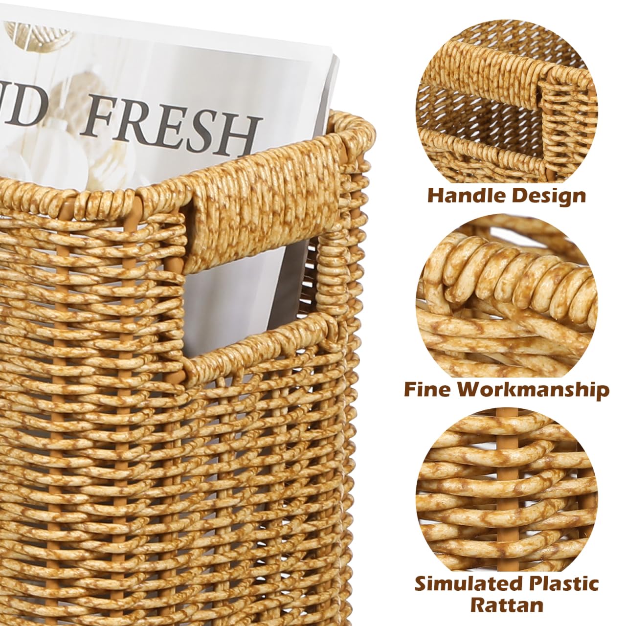 Happyyami Hand-woven Magazine Basket Magazine Wicker Basket Rattan Magazine Holder Desk Storage Baskets with Handle for Bathroom Office
