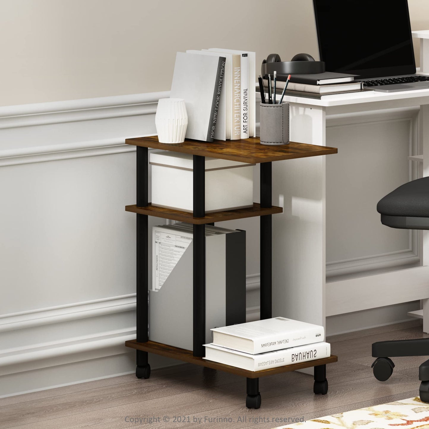Furinno TURN-N-TUBE Side Table, 3-Tier C-Shape End Table with Wheels, Toolless Assembly Night Stand, Bedside Table with Open Shelf, for Living Room