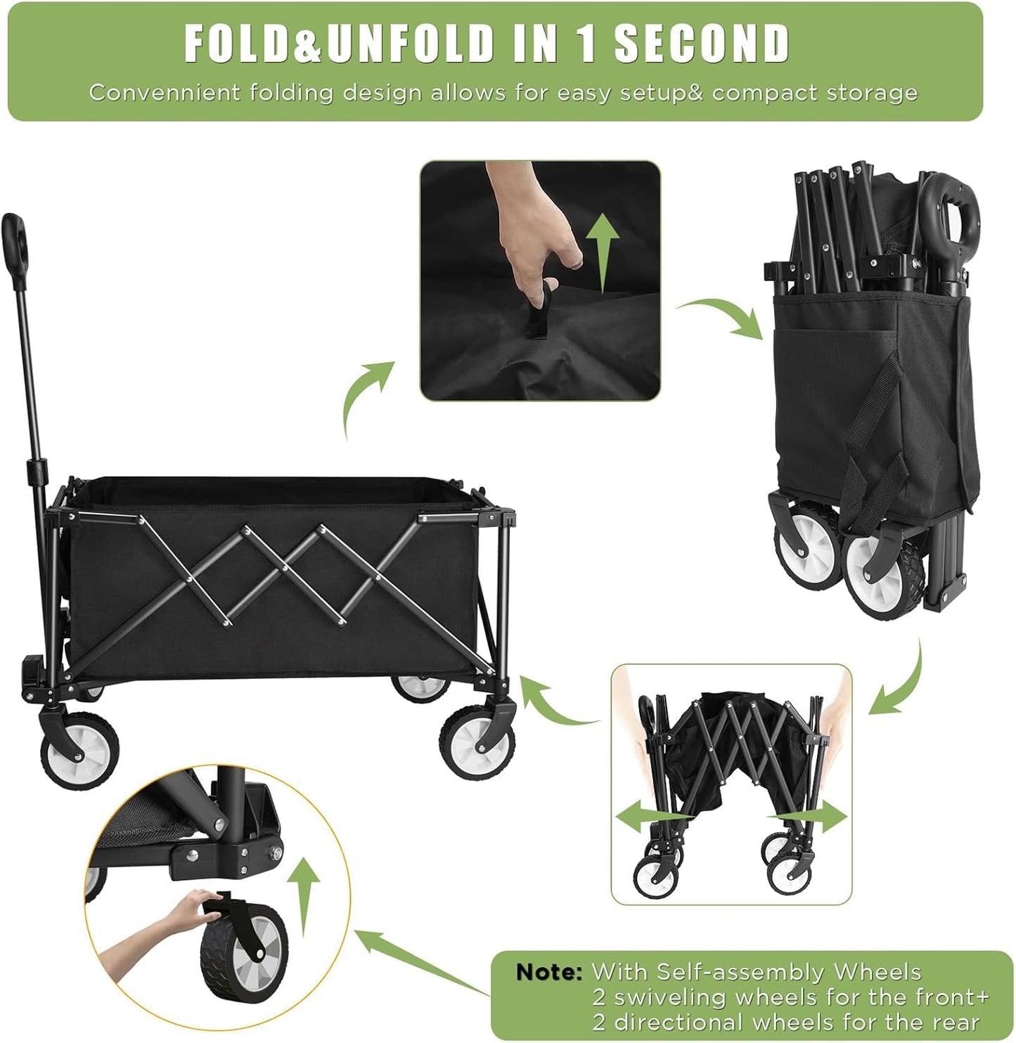HOFTME Foldable Cart on Wheels, 220LBS/100kg Large Capacity, Folding Garden Trolley, Black