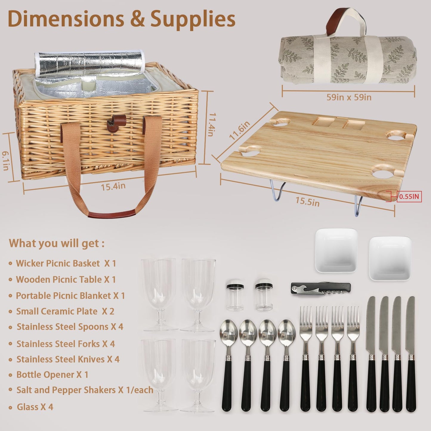 Hap Tim Wicker Picnic Basket for 4 with Mini Folding Wine Picnic Table & Large Insulated Cooler Bag & Cutlery Service Kits for 4 Person, Couples