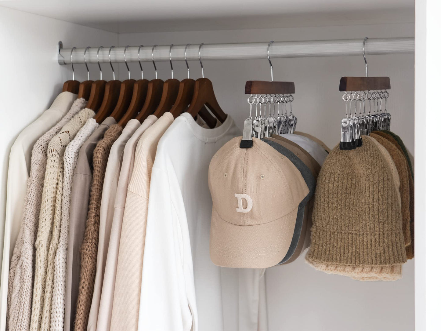 StorageWorks Hat Organiser, Wooden Hangers for Baseball Cap Storage, Set of 2 Cap Organizer with Adjustable Stainless Steel Clips, Fits All Caps