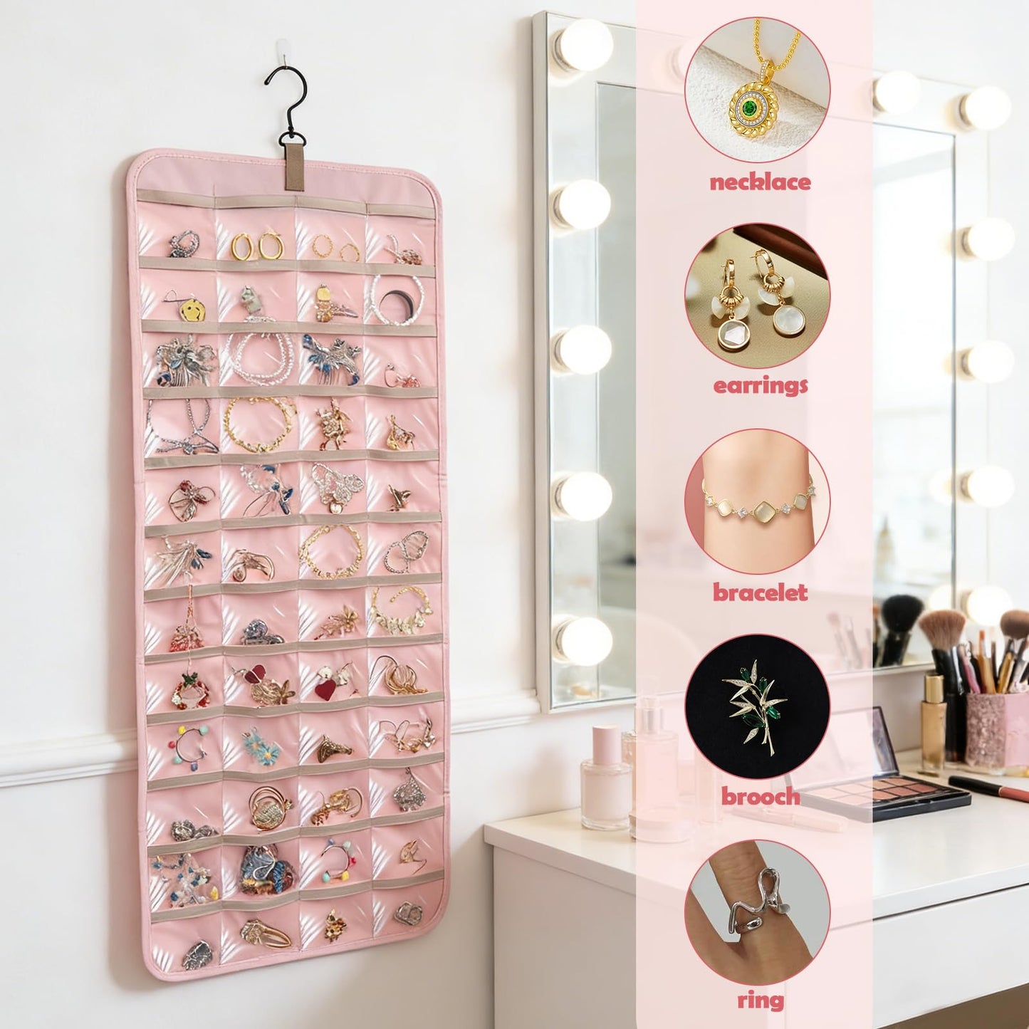 Jewelry Organizer Hanging, Dual-sided Hanging Jewelry Organizer Holder with Metal Hooks, 36 Pockets 3 Wave-Shaped Hooks