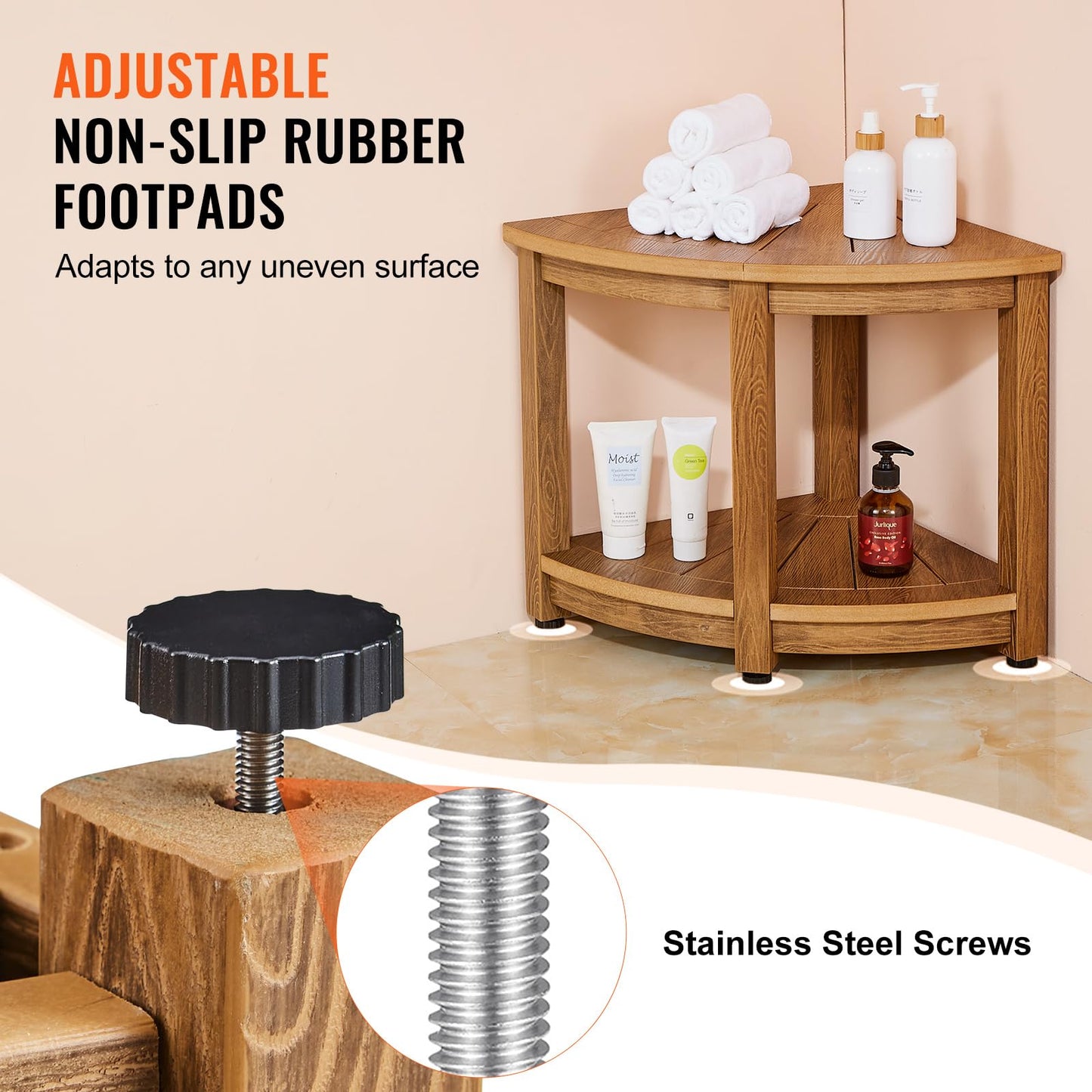 VEVOR Corner Shower Bench, 46cm Height 43cm Radius, Faux Wood Grain Polystyrene, 158kg with Storage Shelf, Water Resistant