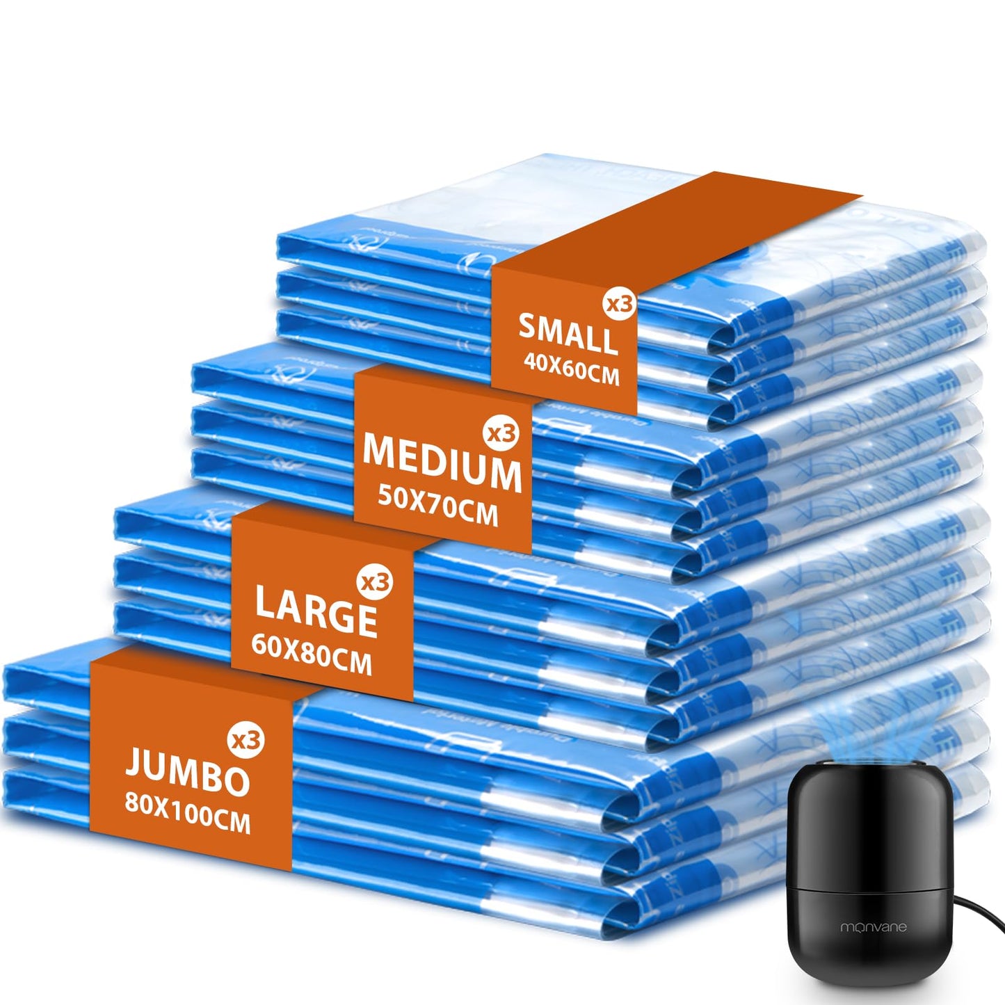 MONVANE Vacuum Compression Storage Bags for Clothes - 12 Pack Reusable Space Saver Bags with Wired Electric Air Pump for travel (3J + 3L + 3M + 3S)