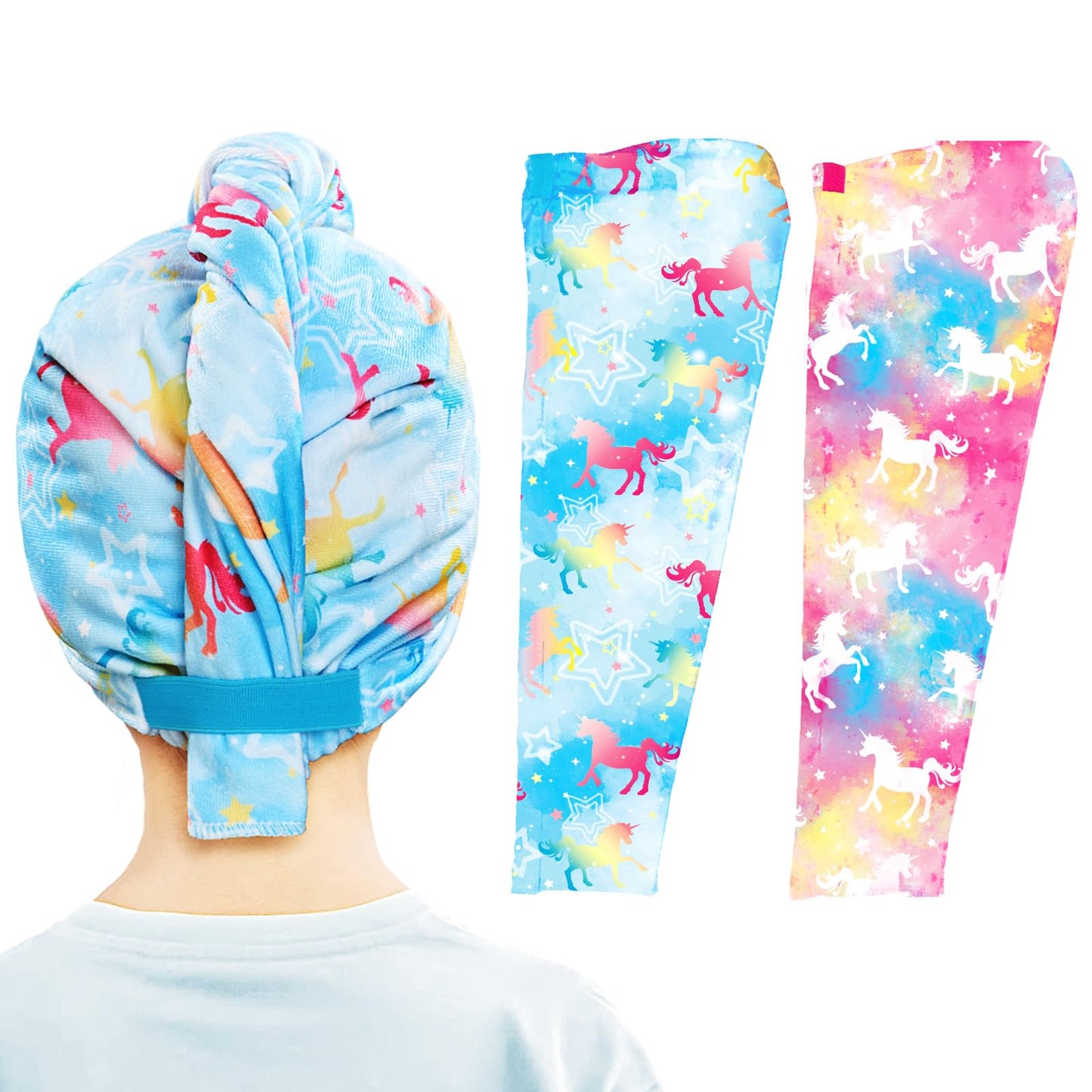 WAWSAM 2 Pack Kids Hair Towel Wrap for Girls, Microfibre Hair Turban Towel Fast Drying, Unicorn Hair Towel Wrap with Elastic Strap for Long Hair