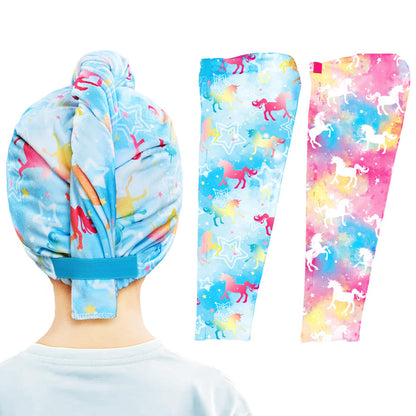 WAWSAM 2 Pack Kids Hair Towel Wrap for Girls, Microfibre Hair Turban Towel Fast Drying, Unicorn Hair Towel Wrap with Elastic Strap for Long Hair