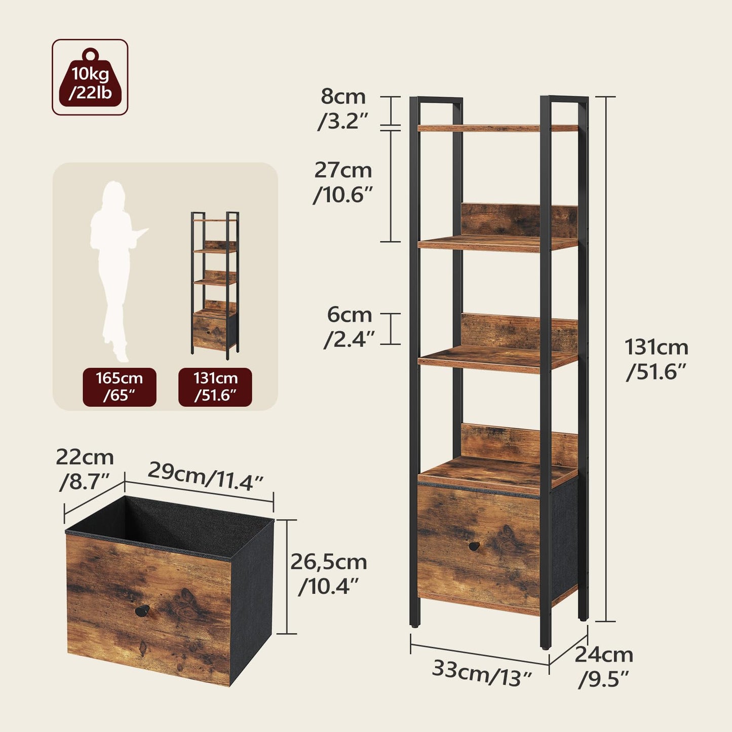 MAHANCRIS Bookshelf, 5-Tier Bookcase with Removable Drawer, Freestanding Book Shelf for Small Space, Storage Shelf Organizer, for Living Room