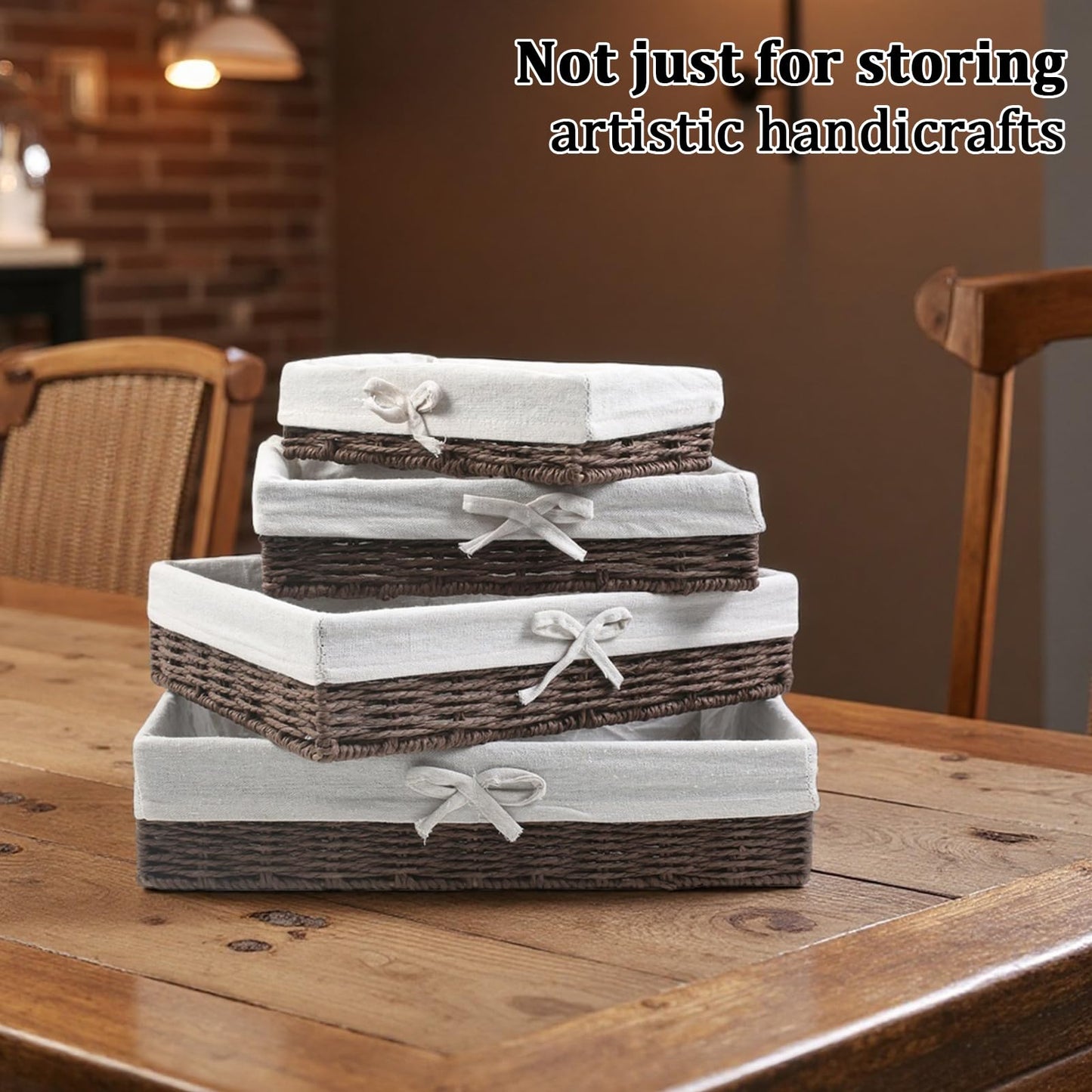 YedZen Set of 4 Natural Paper Rope Storage Baskets with Removable Lining and Metal Frame, Woven Hamper Wicker Baskets for Bathroom Shelves, Desk