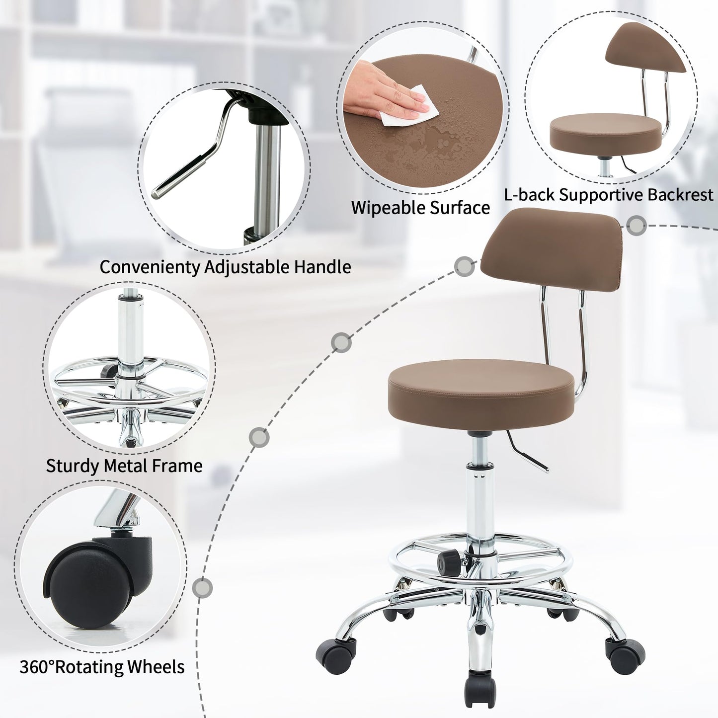 FIRAVOE Adjustable Rolling Office Stool with Backrest and Footrest, Massage Drafting Chair 49.5–67.6 cm Height