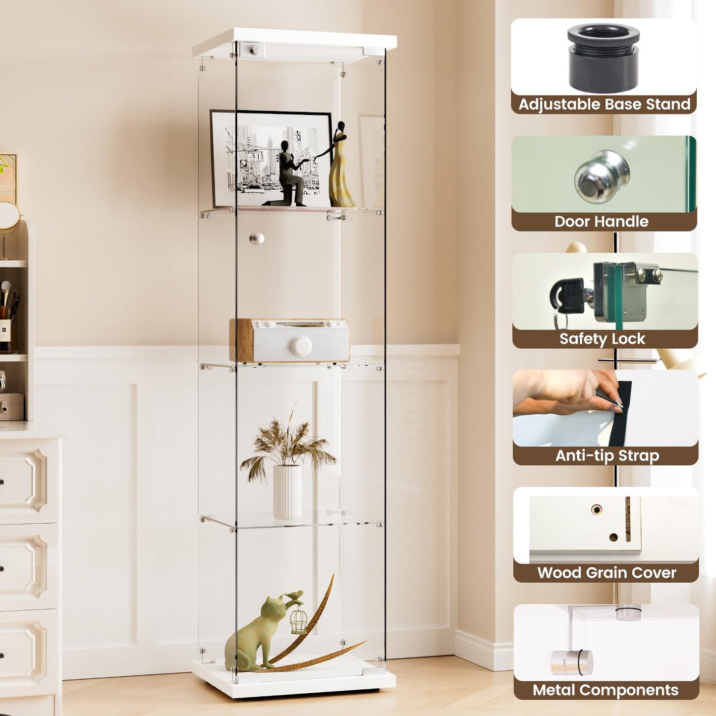 Beauty4U 4-Shelf Single Door Glass Display Cabinet, 163cm Tall, White
