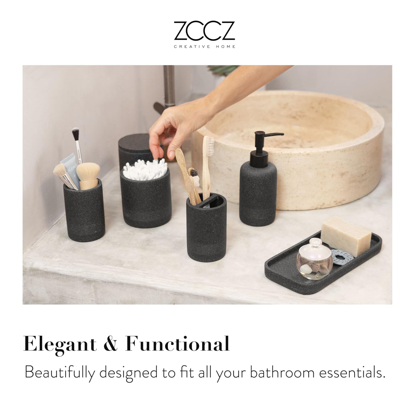 zccz Black Bathroom Accessory Set 6 Pieces - Bathroom Organiser with Tootbrush Holder, Lotion Soap Dispenser, Vanity Tray and 2 Qtip Holders - Modern