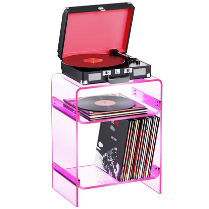 Acrylic Record Player Table with Storage Shelf, Clear Side Table, Nightstand Pink, 45×30×58 cm, Acrylic